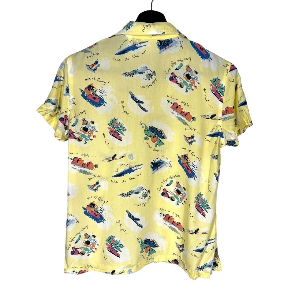 Vintage 90s Yellow Travel Print Button Up Short Sleeve Top Small - Picture 2 of 5